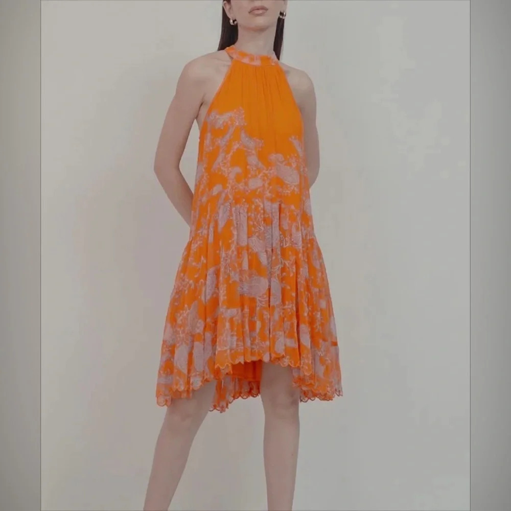 NWT Hemnant & Nandita Paisley Bela Halter Neck High Low Mini Dress Orange Candy - Picture 12 of 13